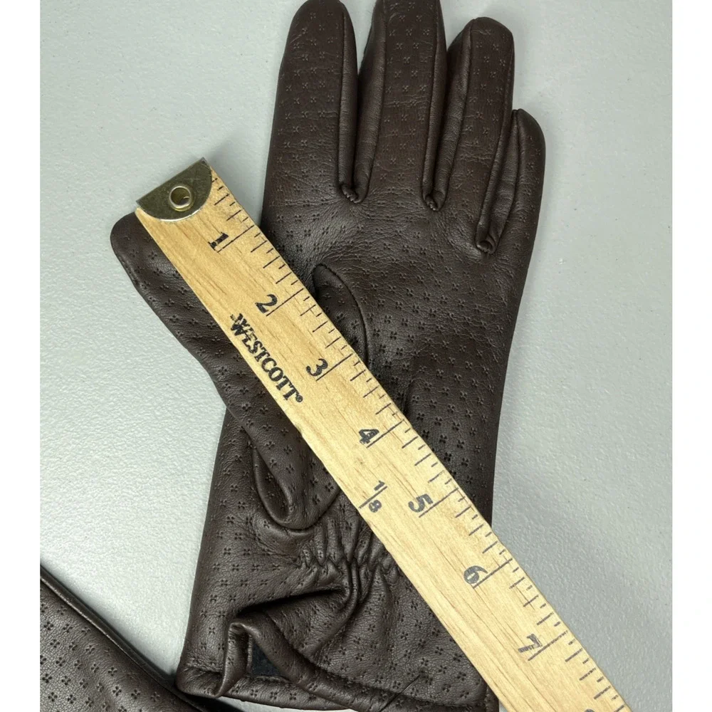 Perforated Leather Fleece Lined Gloves Brown Womens One Size Classic